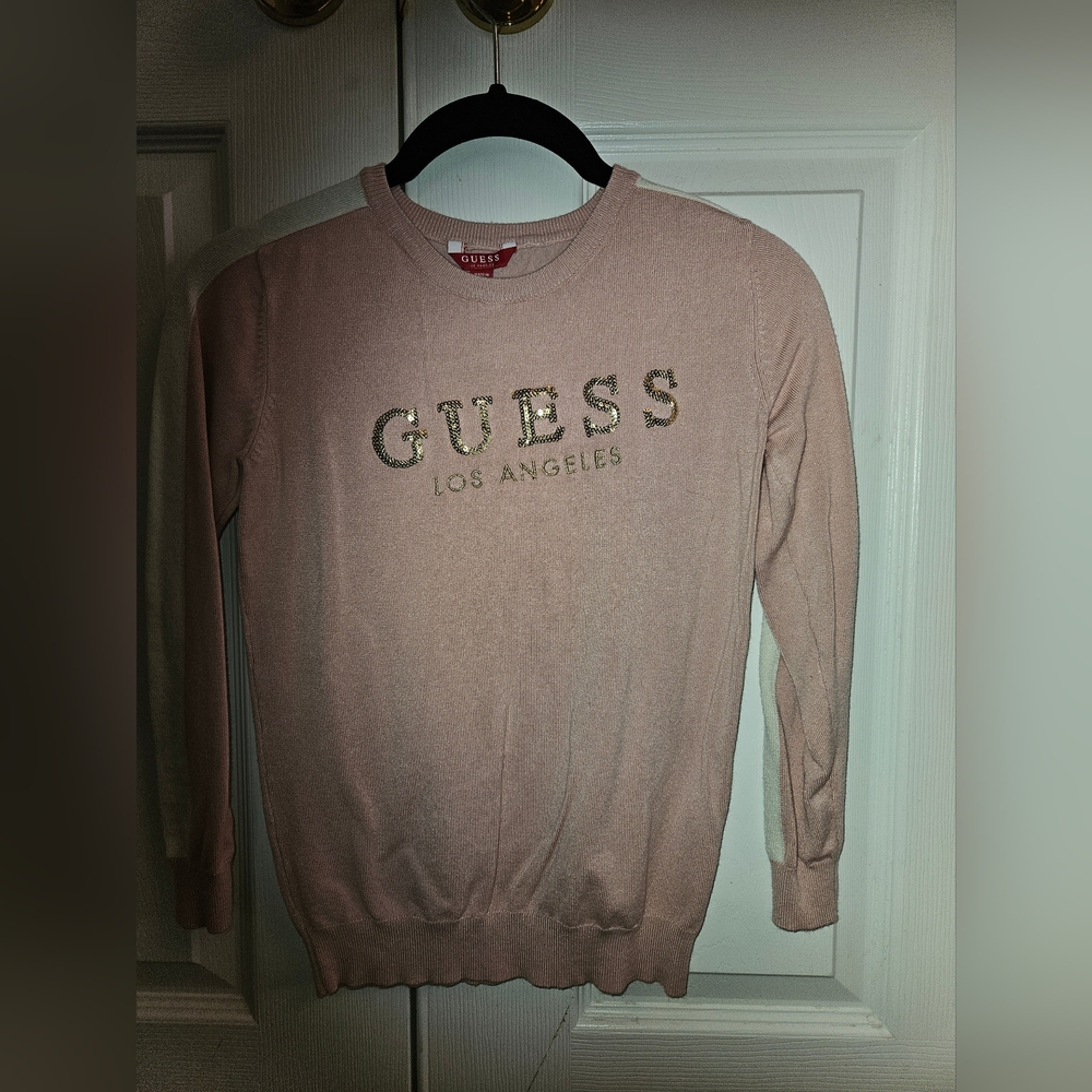 GUESS Los Angeles lightweight sweater Girls Size 10 Pink, White and gold sequins